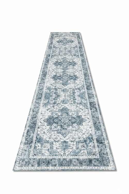 Tapis de Couloir Oriental Gris et Blanc — Motif Médaillon Vintage — Tapis Long Antidérapant