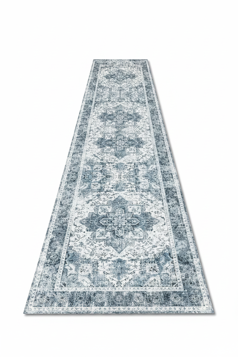 Tapis de Couloir Oriental Gris et Blanc — Motif Médaillon Vintage — Tapis Long Antidérapant