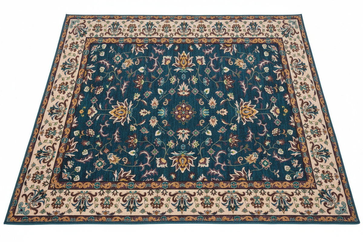 Tapis d'Entrée Oriental Bleu Canard — Motif Floral Géométrique Vintage — Tapis d'Entrée Antidérapant