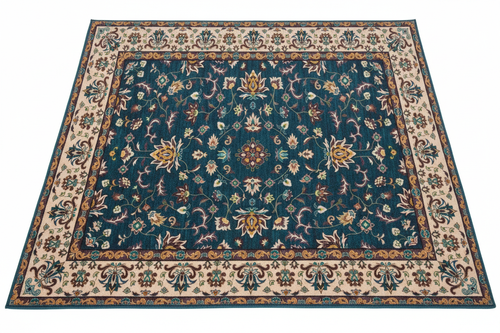 Tapis d'Entrée Oriental Bleu Canard — Motif Floral Géométrique Vintage — Tapis d'Entrée Antidérapant