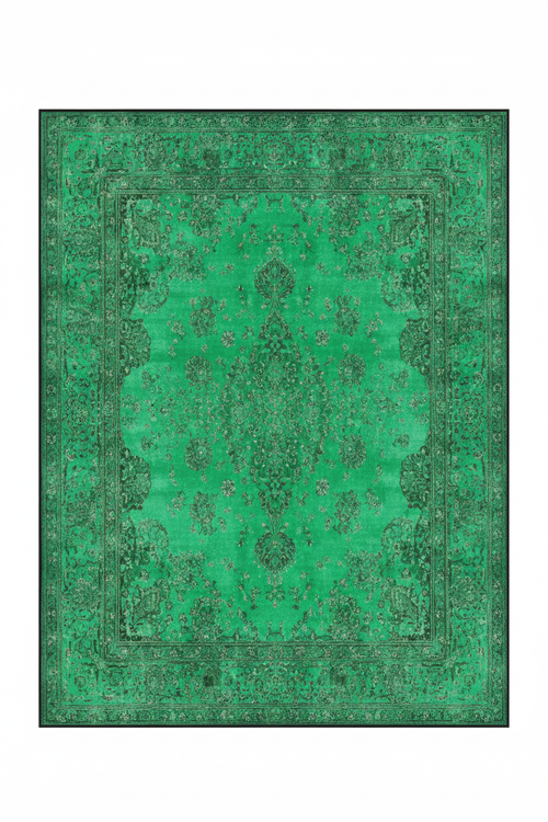 Tapis de Salon Oriental Vert Émeraude — Motif Floral Texturé Vintage — Grand Tapis Antidérapant