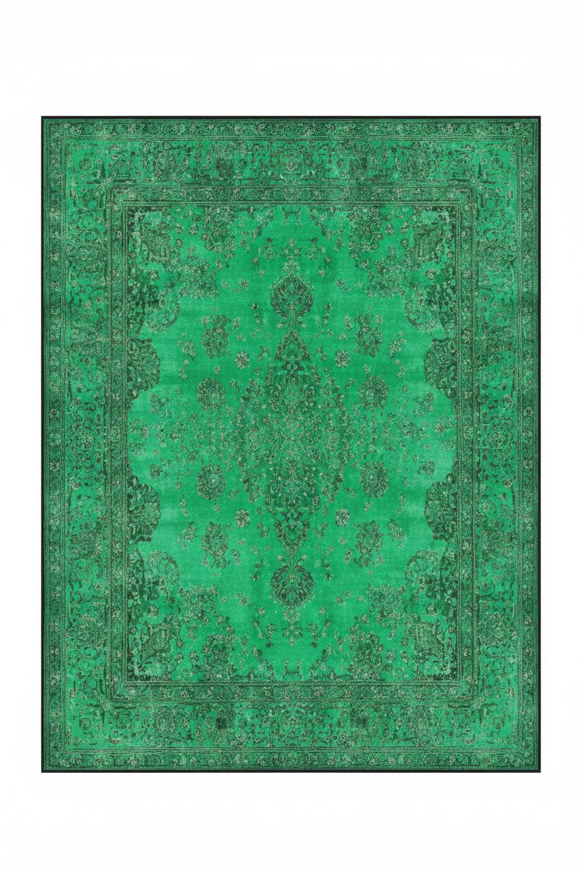 Tapis de Salon Oriental Vert Émeraude — Motif Floral Texturé Vintage — Grand Tapis Antidérapant
