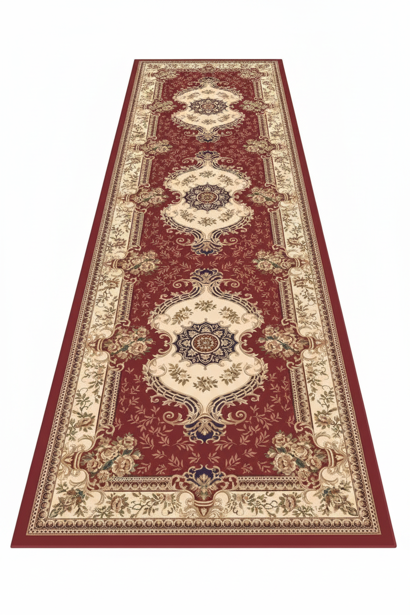 Tapis de Couloir Oriental Rouge et Ivoire — Motif Aubusson Fleuri — Tapis Long Antidérapant