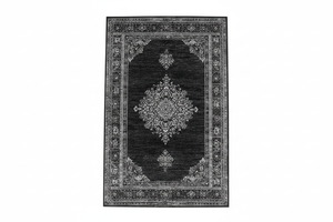 Tapis de Salon Oriental Noir — Motif Médaillon Floral Vintage — Grand Tapis Antidérapant