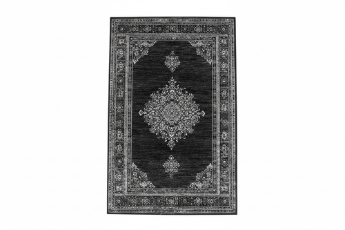 Tapis de Salon Oriental Noir — Motif Médaillon Floral Vintage — Grand Tapis Antidérapant