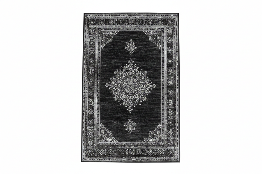 Tapis de Salon Oriental Noir — Motif Médaillon Floral Vintage — Grand Tapis Antidérapant