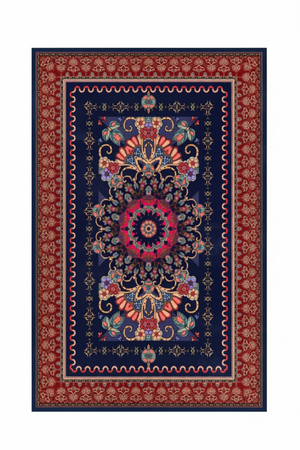 Tapis de Salon Oriental Bleu Marine et Rouge — Motif Médaillon Floral Coloré — Grand Tapis Antidérapant