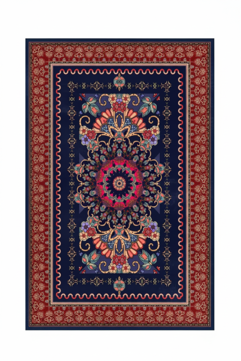 Tapis de Salon Oriental Bleu Marine et Rouge — Motif Médaillon Floral Coloré — Grand Tapis Antidérapant