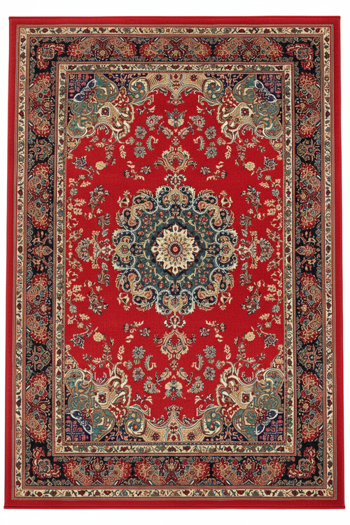 Tapis de Salon Oriental Rouge Vif et Bleu Marine — Motif Médaillon Vintage — Grand Tapis Antidérapant