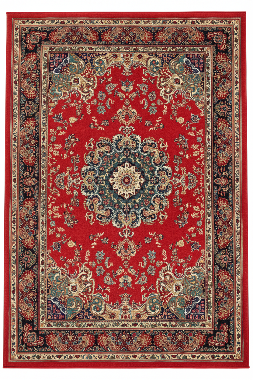 Tapis de Salon Oriental Rouge Vif et Bleu Marine — Motif Médaillon Vintage — Grand Tapis Antidérapant