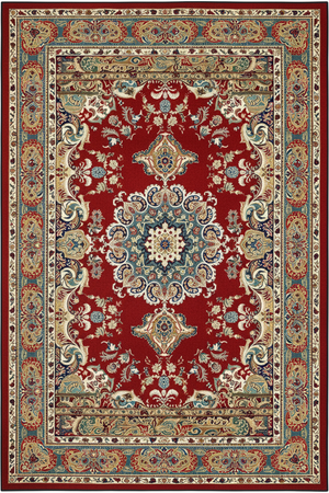 Tapis de Salon Oriental Rouge et Bleu Turquoise — Motif Médaillon Fleuri Vintage — Grand Tapis Antidérapant