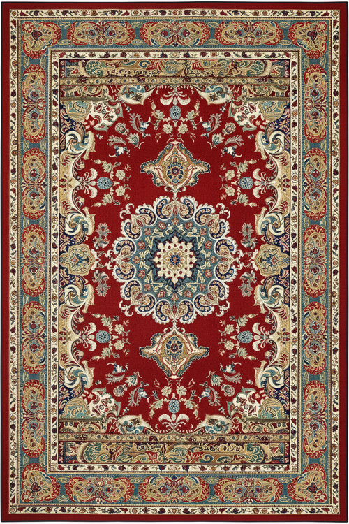 Tapis de Salon Oriental Rouge et Bleu Turquoise — Motif Médaillon Fleuri Vintage — Grand Tapis Antidérapant