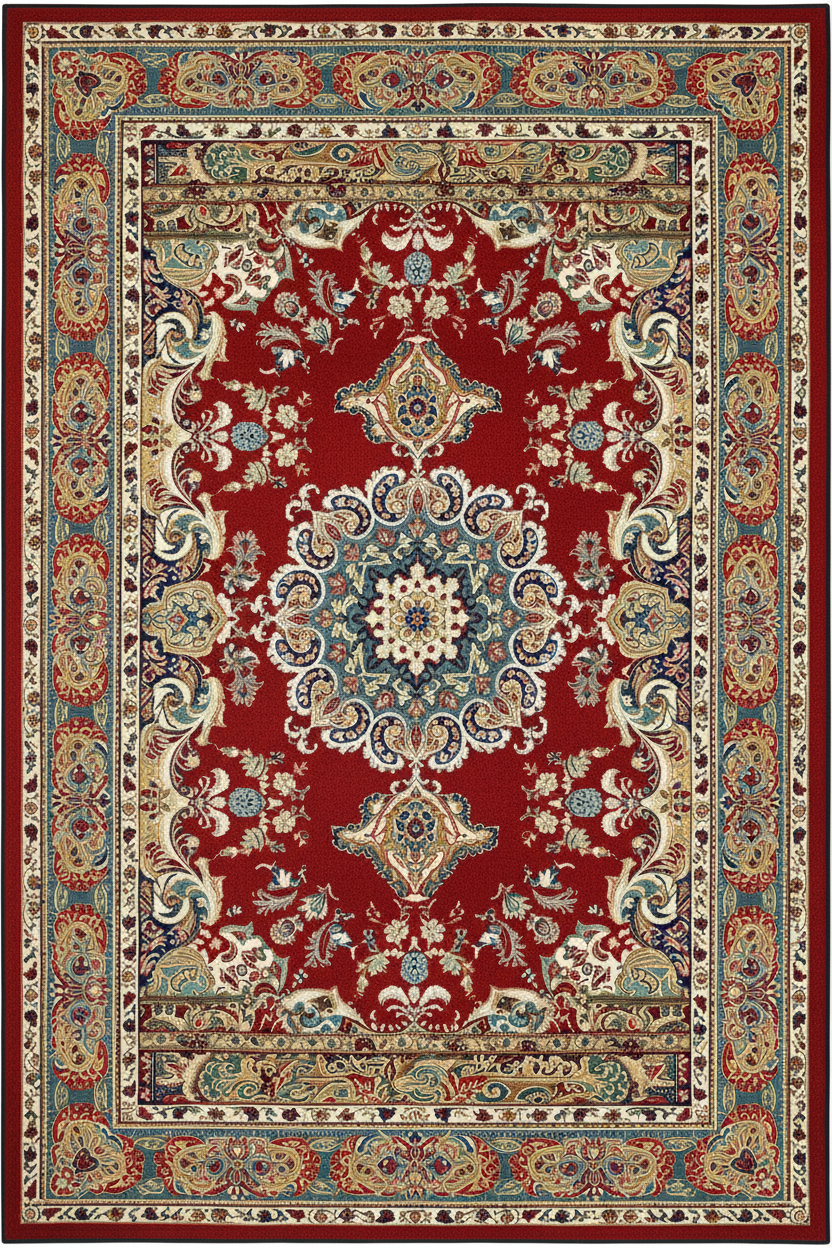 Tapis de Salon Oriental Rouge et Bleu Turquoise — Motif Médaillon Fleuri Vintage — Grand Tapis Antidérapant