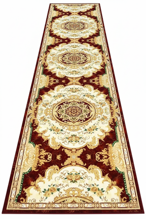 Tapis de Couloir Oriental Ivoire et Bordeaux — Motif Médaillon Baroque | Tapis Long Antidérapant