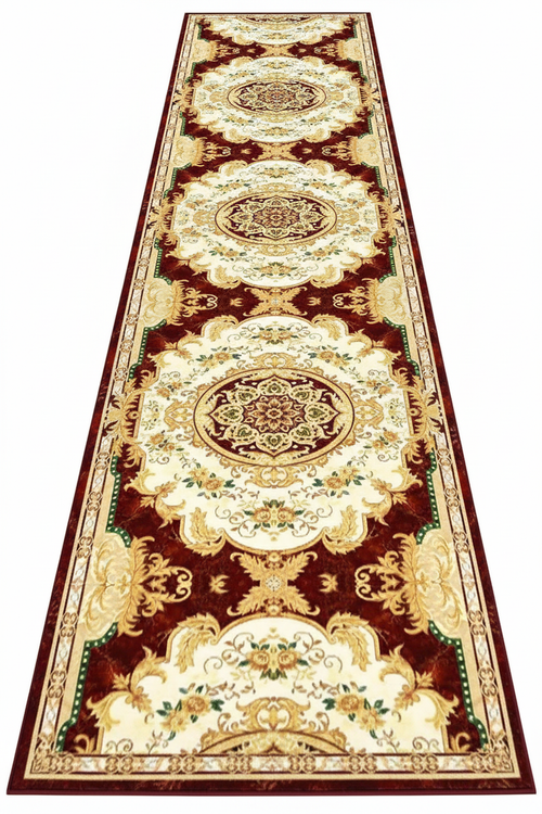 Tapis de Couloir Oriental Ivoire et Bordeaux — Motif Médaillon Baroque | Tapis Long Antidérapant