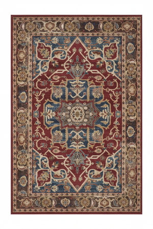 Tapis de Salon Oriental Rouge et Bleu — Motif Médaillon Vintage Élégant — Grand Tapis Antidérapant