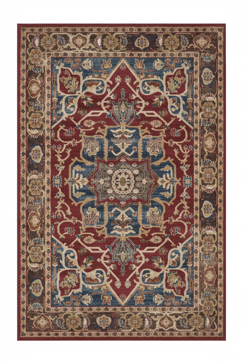 Tapis de Salon Oriental Rouge et Bleu — Motif Médaillon Vintage Élégant — Grand Tapis Antidérapant