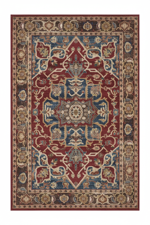 Tapis de Salon Oriental Rouge et Bleu — Motif Médaillon Vintage Élégant — Grand Tapis Antidérapant