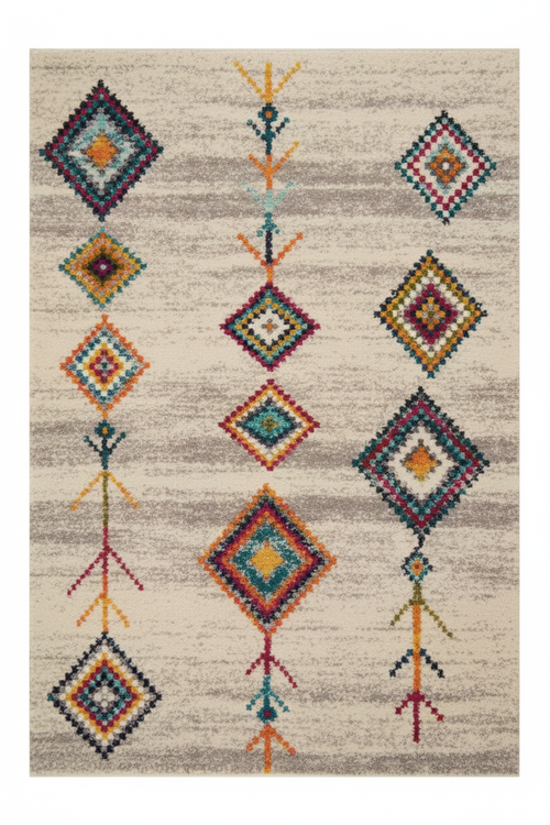 Tapis de Salon Oriental Beige et Multicolore — Motif Géométrique Bohème — Grand Tapis Antidérapant