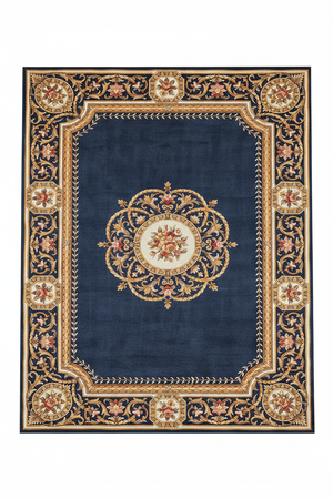 Tapis de Salon Oriental Bleu Marine et Doré — Motif Médaillon Floral Élégant — Grand Tapis Antidérapant