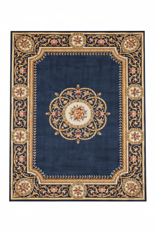 Tapis de Salon Oriental Bleu Marine et Doré — Motif Médaillon Floral Élégant — Grand Tapis Antidérapant