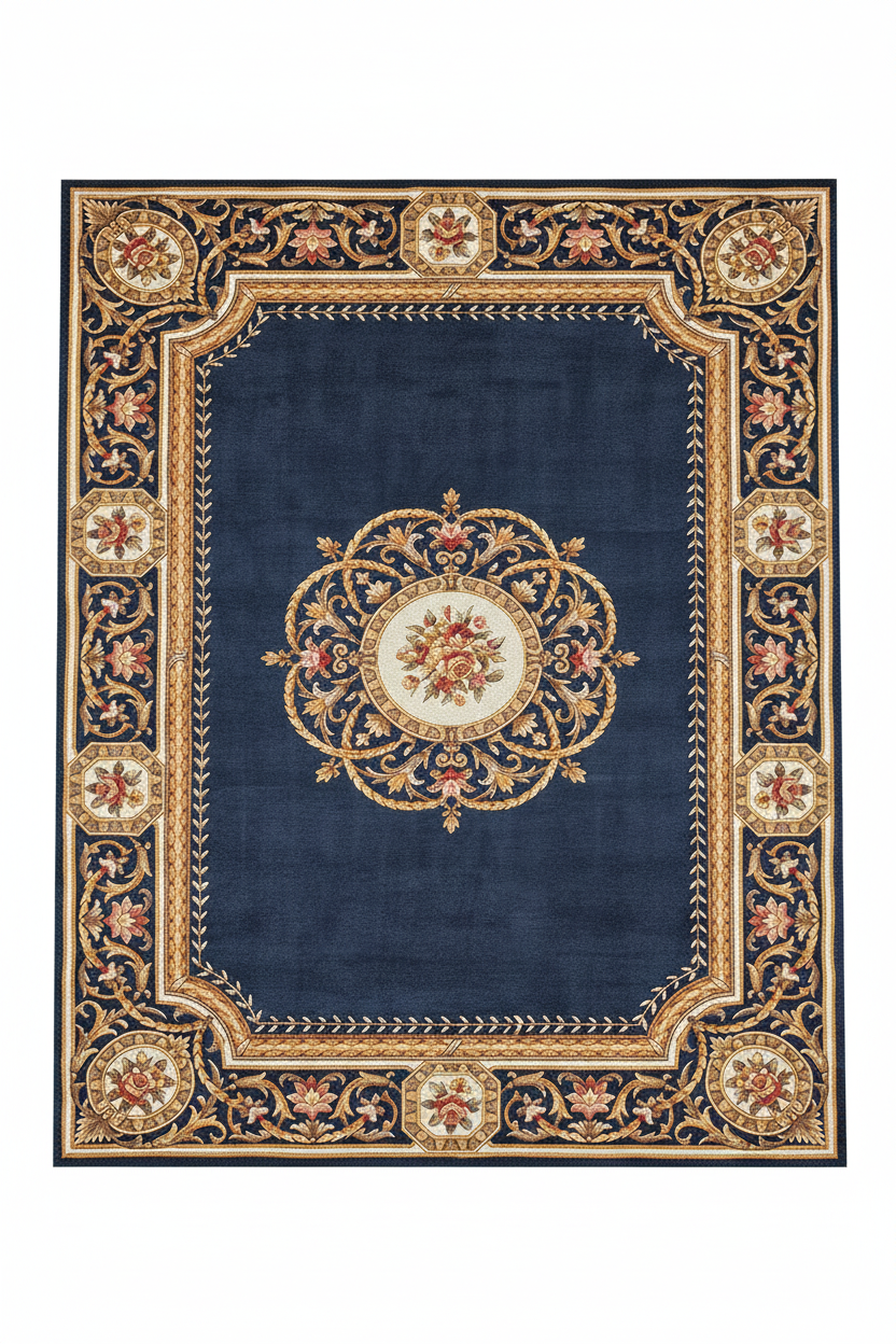 Tapis de Salon Oriental Bleu Marine et Doré — Motif Médaillon Floral Élégant — Grand Tapis Antidérapant