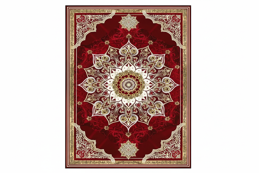 Tapis de Salon Oriental Rouge et Doré — Motif Médaillon Étoilé Luxe — Grand Tapis Antidérapant