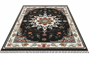 Tapis de Salon Oriental Noir et Rouge — Motif Floral Luxe — Grand Tapis Antidérapant