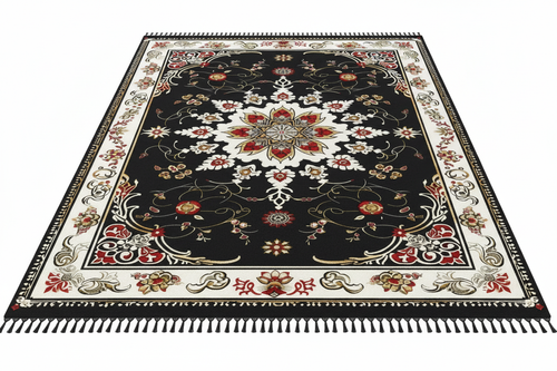 Tapis de Salon Oriental Noir et Rouge — Motif Floral Luxe — Grand Tapis Antidérapant