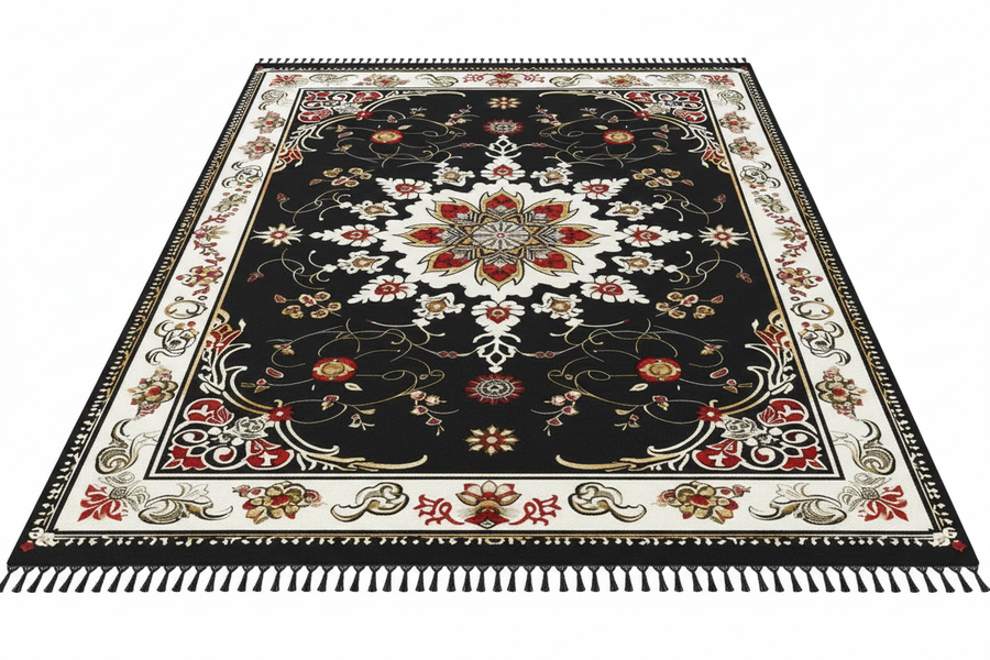 Tapis de Salon Oriental Noir et Rouge — Motif Floral Luxe — Grand Tapis Antidérapant