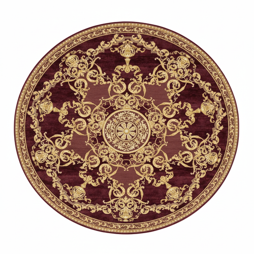 Tapis Rond Bordeaux Doré — Motif Médaillon Oriental — Tapis Vintage Antidérapant