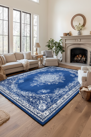 Tapis de Salon Oriental Bleu — Motif Médaillon Floral Épuré — Grand Tapis Antidérapant