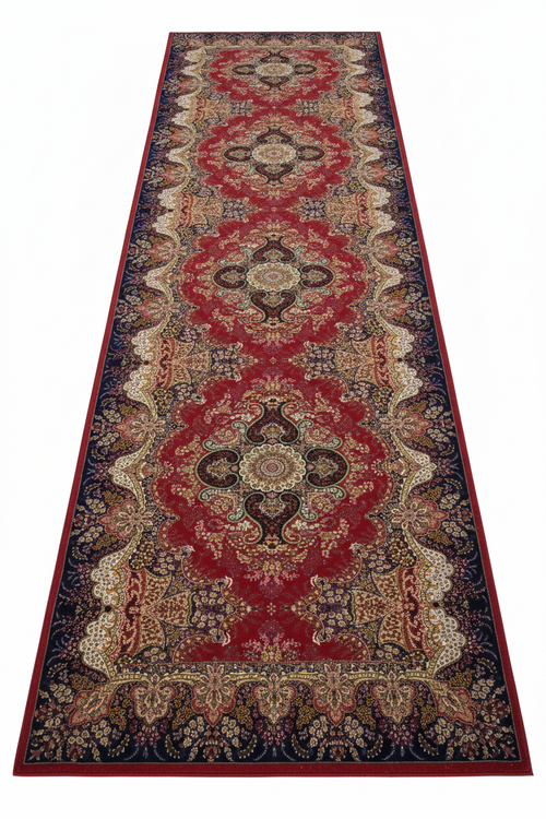 Tapis de Couloir Oriental Rouge et Bordeaux — Motif Médaillon Luxe | Tapis Long Antidérapant