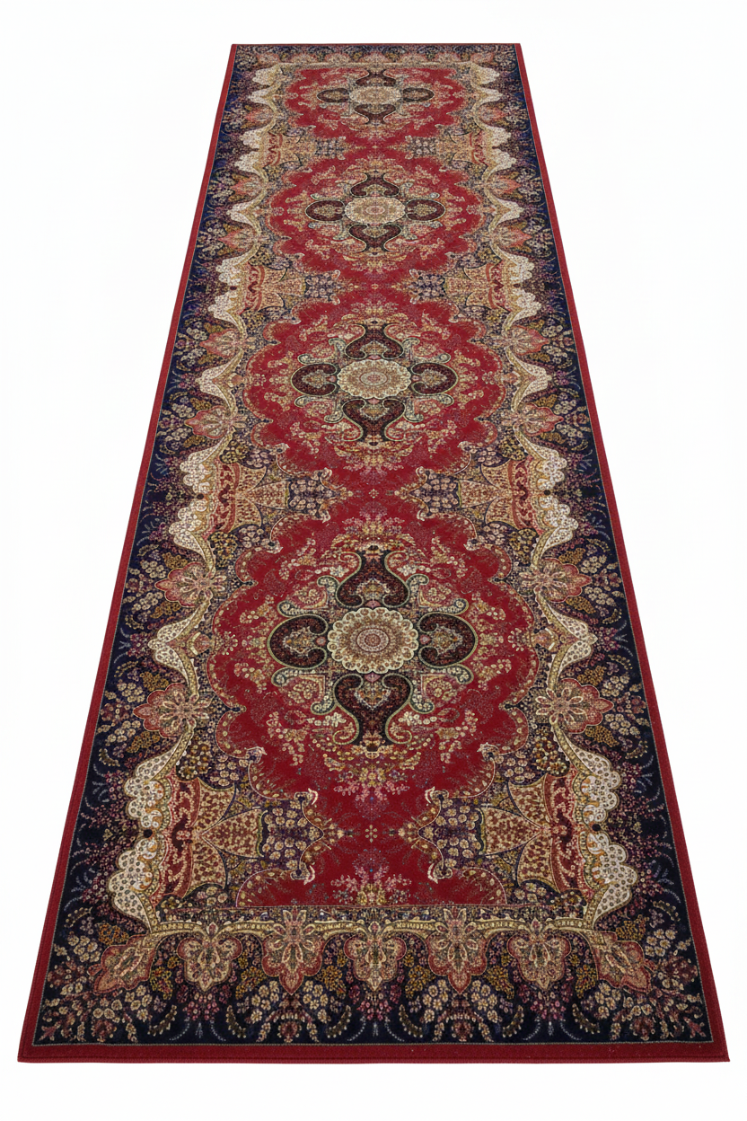 Tapis de Couloir Oriental Rouge et Bordeaux — Motif Médaillon Luxe | Tapis Long Antidérapant