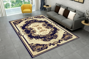 Tapis de Salon Oriental Bleu Marine et Or — Motif Médaillon Baroque — Grand Tapis Antidérapant