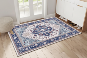 Tapis d'Entrée Oriental Bleu Marine et Rose Poudré — Motif Géométrique Boho Ethnique — Tapis Antidérapant