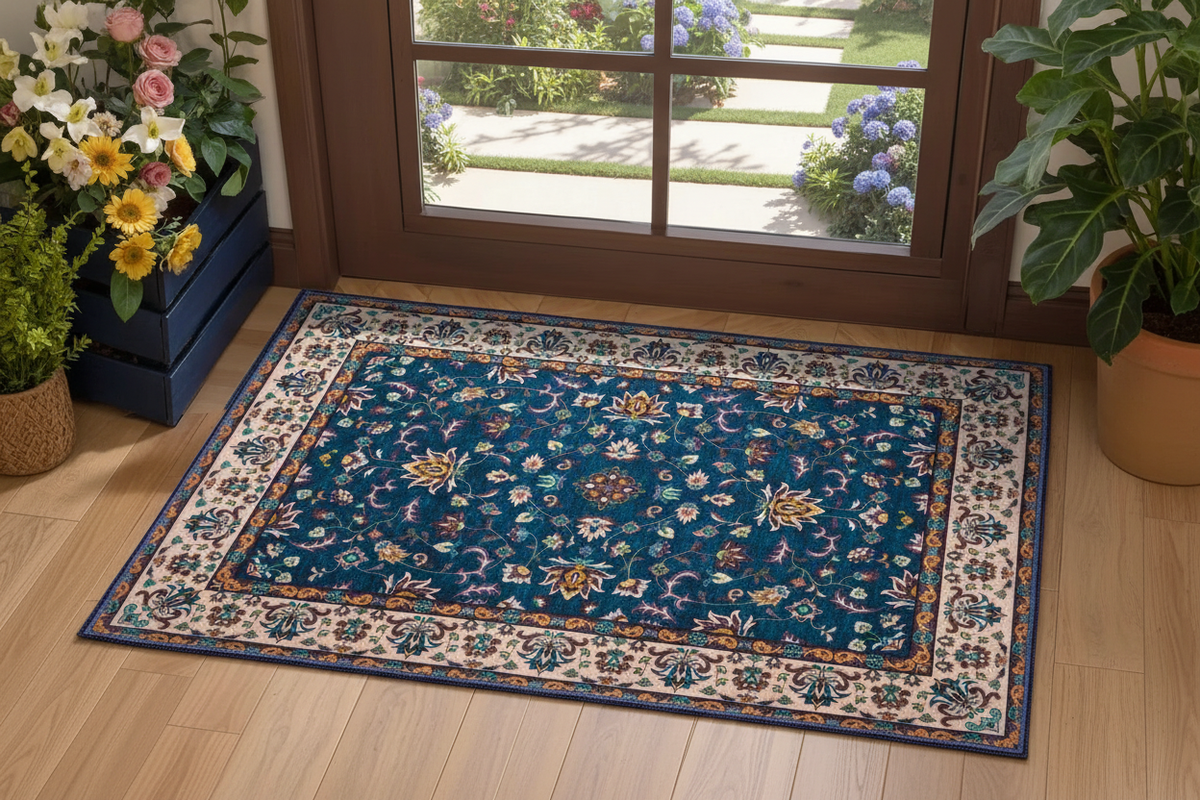 Tapis d'Entrée Oriental Bleu Canard — Motif Floral Géométrique Vintage — Tapis d'Entrée Antidérapant