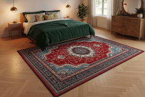 Tapis de Salon Oriental Rouge et Bleu Turquoise — Motif Médaillon Vintage — Grand Tapis Antidérapant
