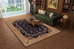 Tapis de Salon Oriental Bleu Marine et Doré — Motif Médaillon Ovale Classique — Grand Tapis Antidérapant