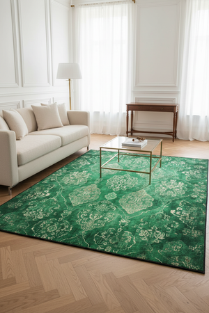 Tapis de Salon Oriental Vert et Doré — Motif Floral Marbré Vintage — Grand Tapis Antidérapant