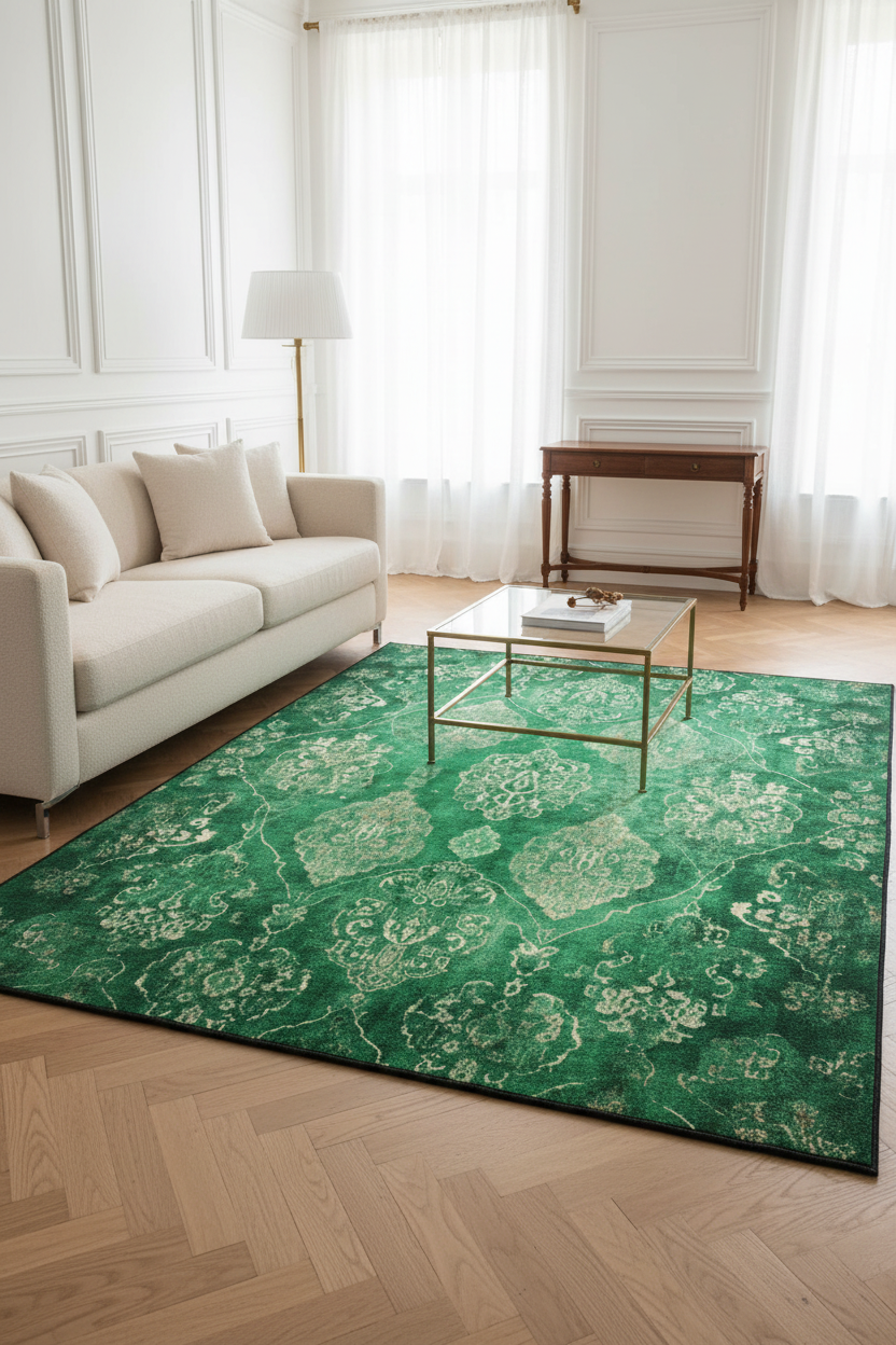 Tapis de Salon Oriental Vert et Doré — Motif Floral Marbré Vintage — Grand Tapis Antidérapant