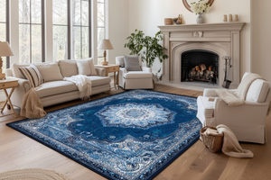 Tapis de Salon Oriental Bleu — Motif Médaillon Étoile Dégradé — Grand Tapis Antidérapant