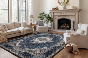 Tapis de Salon Oriental Bleu Marine — Motif Médaillon Floral Vintage — Grand Tapis Antidérapant