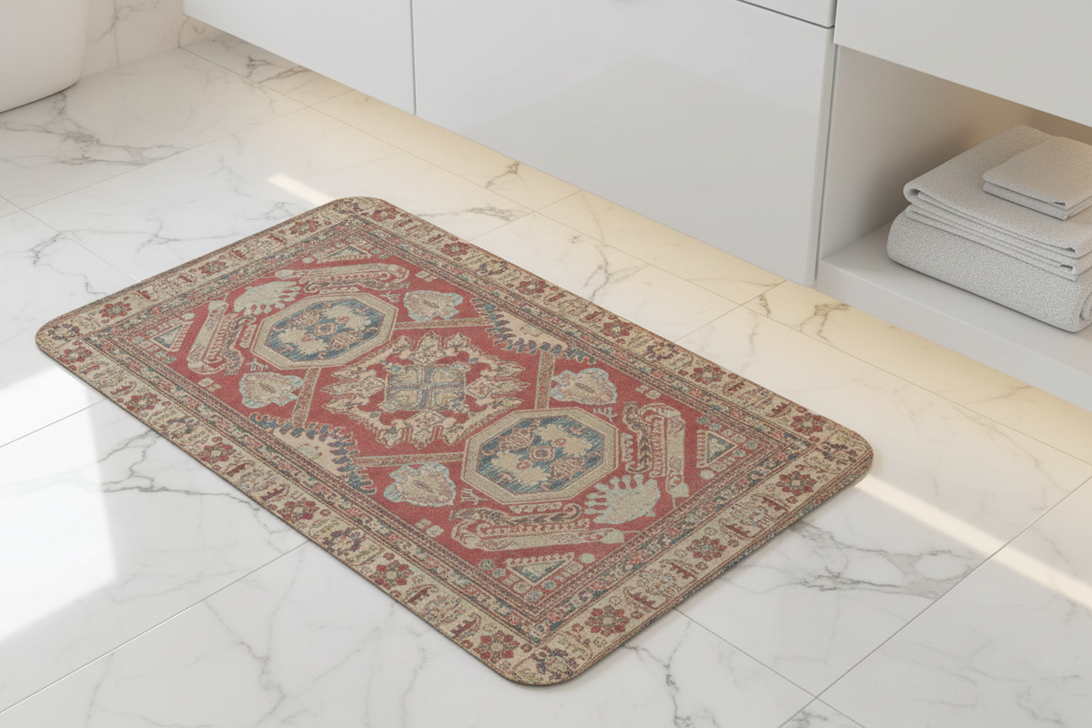 Tapis de Bain Oriental Rouge Corail et Bleu — Motif Médaillon Ethnique — Tapis de Salle de Bain Antidérapant