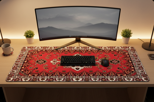 Tapis de Souris Gaming Persan Rouge Vif — Grand Format XXL Motif Médaillon Ivoire