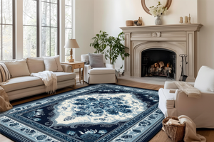 Tapis de Salon Oriental Bleu Marine et Bleu Ciel — Motif Médaillon Floral Élégant — Grand Tapis Antidérapant