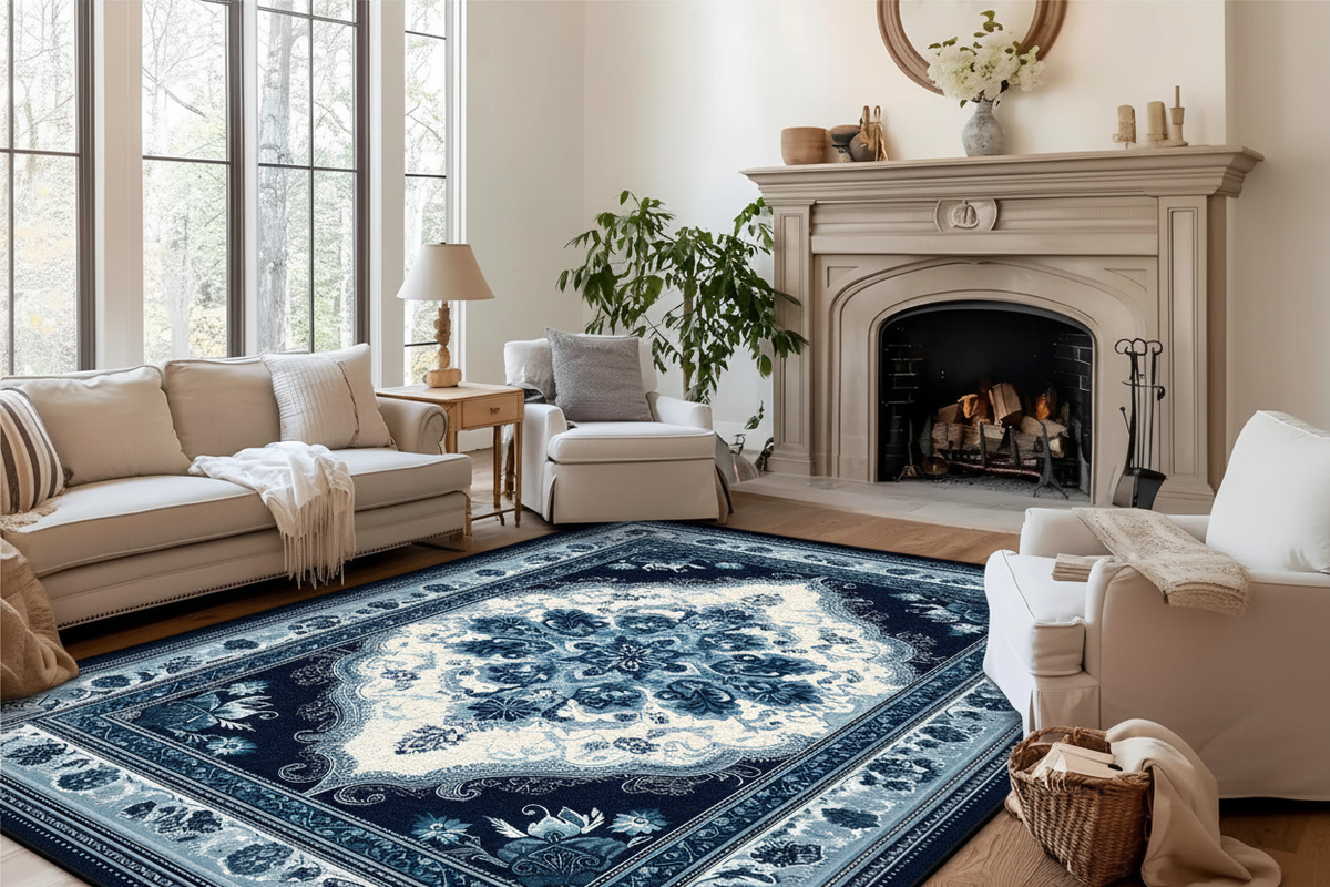 Tapis de Salon Oriental Bleu Marine et Bleu Ciel — Motif Médaillon Floral Élégant — Grand Tapis Antidérapant
