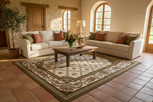 Tapis de Salon Oriental Beige et Marron — Motif Floral Quadrillé Champêtre — Grand Tapis Antidérapant