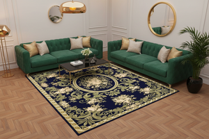 Tapis de Salon Oriental Bleu Marine et Vert Olive — Motif Médaillon Floral Baroque — Grand Tapis Antidérapant