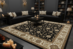 Tapis de Salon Oriental Noir et Doré — Motif Floral Classique — Grand Tapis Antidérapant